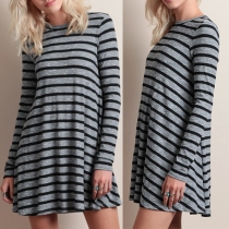 Fashion Long Sleeve Round neck Loose Striped Dress