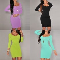 Fashion Solid Color Long Sleeve Round Neck Slim Fit Dress