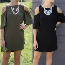 Sexy Off-shoulder Short Sleeve Round Neck Solid Color Dress