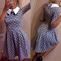 Fashion Half Sleeve Peter Pan Collar Slim Fit Printed Dress