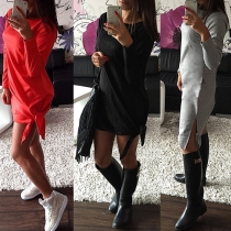 Fashion Solid Color Long Sleeve Round Neck Slit Hem Dress