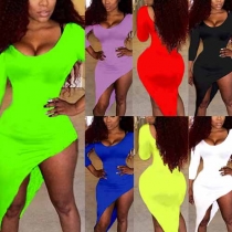 Fashion Solid Color Long Sleeve Round Neck Irregular Hem Dress