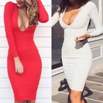 Sexy Deep V-neck Long Sleeve Solid Color Bodycon Dress