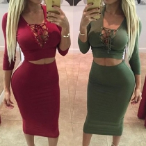 Sexy Lace-up Deep V-neck Long Sleeve Tops + High Waist Bust Skirt Two-piece Set