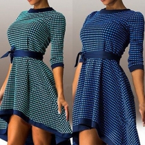 Fashion Long Sleeve Round Neck Irregular Hem Slim Fit Plaid Dress