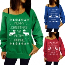 Sexy Oblique Shoulder Long Sleeve Printed Loose Sweatshirt