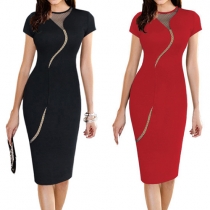 OL Style Short Sleeve Round Neck See-through Gauze Spliced Slim Fit Dress