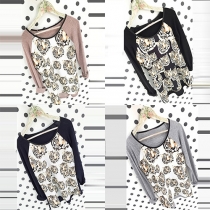 Fashion Long Sleeve Round Neck Tiger Head Printed T-shirt
