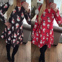 Fashion Long Sleeve Round Neck Snowman Printed Dress