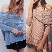 Sexig off-shoulder hög-låg fåll långärmad stickad pullover