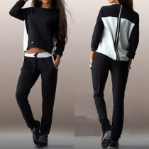 Fashion Contrast Color Long Sleeve Round Neck Sports Suit