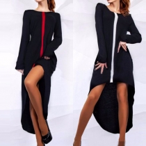 Fashion Contrast Color Long Sleeve Round Neck Irregular Hem Dress