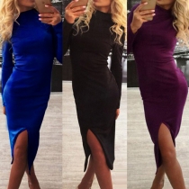 Fashion Solid Color Long Sleeve Round Neck Slit Hem Slim Fit Dress
