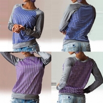 Fashion Long Sleeve Round Neck Plaid Printed T-shirt