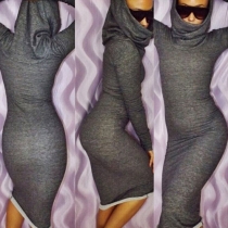 Fashion Solid Color Long Sleeve Cowl Neck Slim Fit Dress