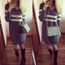 Fashion Contrast Color Long Sleeve V-neck Sweater Dress