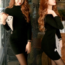 Fashion Solid Color Long Sleeve Turtleneck Sheath Dress