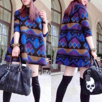 Fashion 3/4 Sleeve Round Neck Printed A-line Dress
