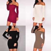 Sexy Slash Neck Off-shoulder Long Sleeve Solid Color Bodycon Dress