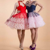 Sexy Gauze Spliced High Waist Dots Pattern Cake Dress