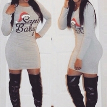 Fashion Long Sleeve Round Neck Letters Printed Slim Fit Dress