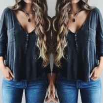 Fashion Solid Color Long Sleeve V-neck Loose T-shirt