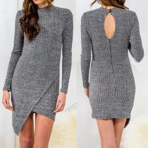 Sexy Backless Long Sleeve Round Neck Irregular Hem Knit Dress