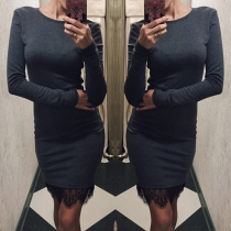 Fashion Solid Color Long Sleeve Round Neck Lace Spliced Hem Dress