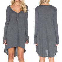Fashion Solid Color Long Sleeve V-neck High-low Hem Loose Dress