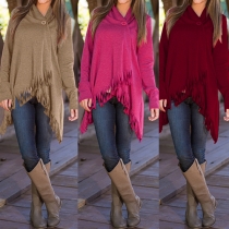 Fashion Solid Color Long Sleeve Irregular Tassel Hem Tops