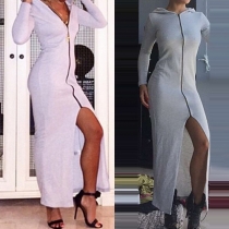 Fashion Solid Color Long Sleeve Slit Hem Hooded Maxi Dress