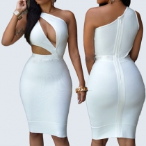 Sexy Oblique Shoulder Hollow Out Solid Color Bodycon Dress