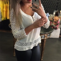 Fashion V-neck 3/4 Sleeve Hollow Out Lace Spliced Shirt