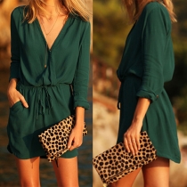 Fashion V-neck Straps Waist Long Sleeve Green Dress