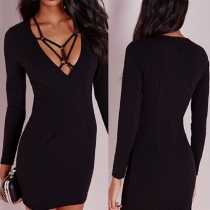 Sexy Deep V-neck Long Sleeve Solid Color Sheath Dress