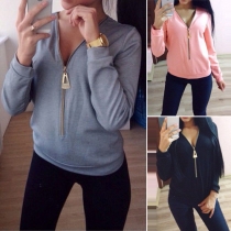 Fashion Solid Color Long Sleeve Zipper V-neck T-shirt