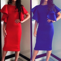 Elegant Solid Color Flouncing Sleeve Round Neck Slim Fit Dress