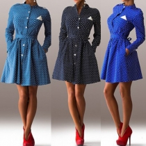 Fashion Long Sleeve Stand Collar Dots Printed Dress