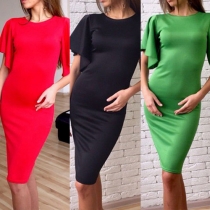 Elegant Solid Color Lotus Sleeve Slim Fit Dress