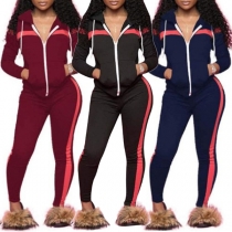 Fashion Contrast Color Long Sleeve Hooded Sports Suit