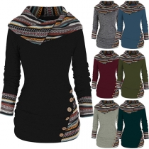 Fashion Contrast Color Long Sleeve Lapel Rivets Long Shirt
