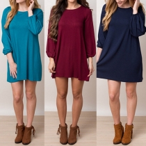 Fashion Solid Color Long Sleeve Round Neck Dress