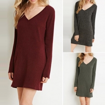 Fashion Solid Color Long Sleeve V-neck Knit Dress
