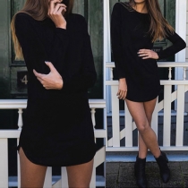 Fashion Solid Color Long Sleeve Round neck Irregular Hem Dress