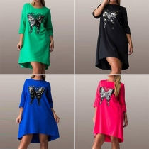 Fashion 3/4 Sleeve Round Neck Butterfly Printed Dress