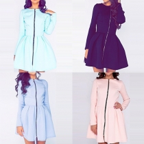 Elegant Solid Color Long Sleeve Round Neck Pleated Dress
