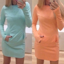 Fashion Solid Color Long Sleeve Round Neck Slim Fit Dress