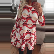 Fashion Long Sleeve Round Neck Elk Printed Dress