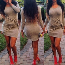 Fashion Solid Color Long Sleeve Round Neck Irregular Dress
