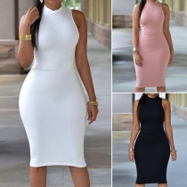 Fashion Solid Color Sleeveless Round Neck Sheath Dress